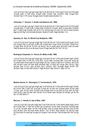 La Variante Cerrada de la Defensa Siciliana. EDAMI. Septiembre 2006
Registrado para: Pedro Cañizares Cuadra
Avda Constitucion 10 13190 Corral de Calatrava Ciudad Real
1.e4 c5 2.Cc3 Cc6 3.g3 g6 4.Ag2 Ag7 5.d3 d6 6.f4 e5 7.Ch3 Cge7 8.0-0 0-0 9.f5 gxf5
10.exf5 Axf5 11.Txf5 Cxf5 12.Ae4 Cfd4 13.Dh5 Te8 14.Dxh7+ Rf8 15.Ag5 Dd7
16.Cd5 Te6 17.Tf1 Cxc2 18.Ag6 C2d4 19.Ah6 Axh6 20.Dh8 1-0.
Jirkovsky, T - Kucera, T; Svetla nad Sazavou (3), 1998.
1.e4 c5 2.Cc3 g6 3.g3 Ag7 4.Ag2 Cc6 5.d3 d6 6.f4 e5 7.Ch3 Cge7 8.0-0 0-0 9.f5 gxf5
10.exf5 Axf5 11.Txf5 Cxf5 12.Ae4 Cfd4 13.Dh5 f5 14.Ad5+ Rh8 15.Cg5 Ah6 16.Dxh6
De7 17.Dh5 Cd8 18.Ad2 Tc8 19.Tf1 Tc7 20.Ac4 Dg7 21.Cd5 Td7 22.c3 C4c6 23.Dh3
Dg6 24.Cf3 Rg7 25.Ch4 De8 26.Ah6+ Rxh6 27.Cxf5+ Rg6 28.Dh6+ 1-0.
Spassky, B - Sax, G; World Cup Reykjavik, 1988.
1.e4 c5 2.Cc3 Cc6 3.g3 g6 4.Ag2 Ag7 5.d3 d6 6.f4 e5 7.Ch3 exf4 8.Cxf4 Cge7 9.0-0
0-0 10.Ae3 Tb8 11.a3 Ce5 12.Rh1 b6 13.De2 Ab7 14.g4 C7c6 15.h3 Dd7 16.Df2 Ce7
17.Dg3 Rh8 18.Tf2 b5 19.Taf1 a5 20.Ac1 b4 21.axb4 axb4 22.Ccd5 Cxd5 23.exd5
Tfe8 24.Ae4 b3 25.c3 c4 26.dxc4 Cxc4 27.Ag2 Aa6 28.Td1 Te7 1/2-1/2.
Rodríguez Céspedes, A - Parma, B; Malta ol (M), 1980.
1.e4 c5 2.Cc3 Cc6 3.g3 g6 4.Ag2 Ag7 5.d3 d6 6.f4 e5 7.Ch3 exf4 8.Axf4 Cge7 9.Dd2
h6 10.Ae3 Ce5 11.Cf4 0-0 12.h3 Rh7 13.0-0 Ae6 14.Cce2 Dd7 15.c3 b6 16.b3 g5
17.Cxe6 fxe6 18.d4 cxd4 19.cxd4 C5g6 20.Tac1 Tac8 21.Af3 Txc1 22.Dxc1 d5 23.e5
Cf5 24.Ah5 Cxe3 25.Txf8 Axf8 26.Dxe3 Rg7 27.Dd3 Df7 28.g4 Ab4 29.Cc1 Aa3
30.Ce2 Ab4 31.Cc1 Aa3 32.Dc2 Axc1 33.Dxc1 Dd7 34.Axg6 Rxg6 35.Df1 Df7
36.Dd3+ Rg7 37.Dc3 Df4 38.Dc7+ Rg6 39.Dc2+ Rg7 40.Dc7+ Rg6 1/2-1/2.
Medina García, A - Gheorghiu, F; Torremolinos, 1976.
1.e4 c5 2.Cc3 Cc6 3.g3 g6 4.Ag2 Ag7 5.d3 d6 6.f4 e5 7.Ch3 exf4 8.Axf4 Cge7 9.Dd2
h6 10.0-0 Tb8 11.Rh1 b5 12.a3 g5 13.Ae3 a5 14.Tae1 b4 15.axb4 axb4 16.Cd1 Ae6
17.Cg1 Ce5 18.Cf3 Cxf3 19.Axf3 Cc6 20.Ag2 Da5 21.b3 Da2 22.Te2 Ae5 23.Tef2
Cd4 24.Dc1 Da3 25.Dd2 Re7 26.De1 f6 27.Axd4 cxd4 28.De2 h5 29.Rg1 g4 30.Tf5
Dc1 31.Df2 Dh6 0-1.
McLean, J - Sindik, E; Isle of Man, 1997.
1.e4 c5 2.Cc3 d6 3.g3 g6 4.Ag2 Ag7 5.d3 Cc6 6.f4 e5 7.Ch3 exf4 8.Axf4 Cge7 9.0-0
h6 10.Dd2 Tb8 11.Tae1 b5 12.Rh1 g5 13.Ae3 b4 14.Cd1 Ae6 15.b3 Dd7 16.Chf2 Ae5
17.c3 a5 18.cxb4 axb4 19.Te2 Ta8 20.Rg1 Cd4 21.Axd4 Axd4 22.Ce3 Cc6 23.Cf5
Ac3 24.De3 Cd4 25.Cxd4 Axd4 26.Dc1 Ta7 27.Rh1 Db5 28.Db1 h5 29.Ch3 Ag4
30.Tb2 Axh3 31.Axh3 g4 32.Ag2 h4 33.gxh4 Txh4 34.De1 Th8 35.De2 Dd7 36.Tc2 g3
0-1.
 