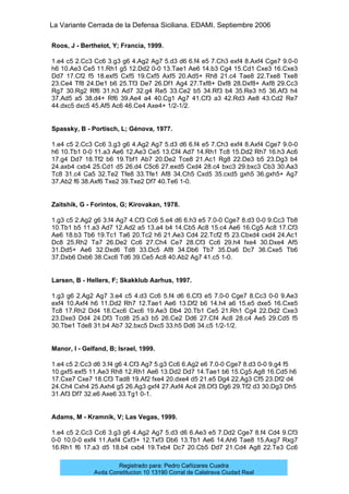 La Variante Cerrada de la Defensa Siciliana. EDAMI. Septiembre 2006
Registrado para: Pedro Cañizares Cuadra
Avda Constitucion 10 13190 Corral de Calatrava Ciudad Real
Roos, J - Berthelot, Y; Francia, 1999.
1.e4 c5 2.Cc3 Cc6 3.g3 g6 4.Ag2 Ag7 5.d3 d6 6.f4 e5 7.Ch3 exf4 8.Axf4 Cge7 9.0-0
h6 10.Ae3 Ce5 11.Rh1 g5 12.Dd2 0-0 13.Tae1 Ae6 14.b3 Cg4 15.Cd1 Cxe3 16.Cxe3
Dd7 17.Cf2 f5 18.exf5 Cxf5 19.Cxf5 Axf5 20.Ad5+ Rh8 21.c4 Tae8 22.Txe8 Txe8
23.Ce4 Tf8 24.De1 b6 25.Tf3 De7 26.Df1 Ag4 27.Txf8+ Dxf8 28.Dxf8+ Axf8 29.Cc3
Rg7 30.Rg2 Rf6 31.h3 Ad7 32.g4 Re5 33.Ce2 b5 34.Rf3 b4 35.Re3 h5 36.Af3 h4
37.Ad5 a5 38.d4+ Rf6 39.Ae4 a4 40.Cg1 Ag7 41.Cf3 a3 42.Rd3 Ae8 43.Cd2 Re7
44.dxc5 dxc5 45.Af5 Ac6 46.Ce4 Axe4+ 1/2-1/2.
Spassky, B - Portisch, L; Génova, 1977.
1.e4 c5 2.Cc3 Cc6 3.g3 g6 4.Ag2 Ag7 5.d3 d6 6.f4 e5 7.Ch3 exf4 8.Axf4 Cge7 9.0-0
h6 10.Tb1 0-0 11.a3 Ae6 12.Ae3 Ce5 13.Cf4 Ad7 14.Rh1 Tc8 15.Dd2 Rh7 16.h3 Ac6
17.g4 Dd7 18.Tf2 b6 19.Tbf1 Ab7 20.De2 Tce8 21.Ac1 Rg8 22.De3 b5 23.Dg3 b4
24.axb4 cxb4 25.Cd1 d5 26.d4 C5c6 27.exd5 Cxd4 28.c4 bxc3 29.bxc3 Cb3 30.Aa3
Tc8 31.c4 Ca5 32.Te2 Tfe8 33.Tfe1 Af8 34.Ch5 Cxd5 35.cxd5 gxh5 36.gxh5+ Ag7
37.Ab2 f6 38.Axf6 Txe2 39.Txe2 Df7 40.Te6 1-0.
Zaitshik, G - Forintos, G; Kirovakan, 1978.
1.g3 c5 2.Ag2 g6 3.f4 Ag7 4.Cf3 Cc6 5.e4 d6 6.h3 e5 7.0-0 Cge7 8.d3 0-0 9.Cc3 Tb8
10.Tb1 b5 11.a3 Ad7 12.Ad2 a5 13.a4 b4 14.Cb5 Ac8 15.c4 Ae6 16.Cg5 Ac8 17.Cf3
Ae6 18.b3 Tb6 19.Tc1 Ta6 20.Tc2 h6 21.Ae3 Cd4 22.Tcf2 f5 23.Cbxd4 cxd4 24.Ac1
Dc8 25.Rh2 Ta7 26.De2 Cc6 27.Ch4 Ce7 28.Cf3 Cc6 29.h4 fxe4 30.Dxe4 Af5
31.Dd5+ Ae6 32.Dxd6 Td8 33.Dc5 Af8 34.Db6 Tb7 35.Da6 Dc7 36.Cxe5 Tb6
37.Dxb6 Dxb6 38.Cxc6 Td6 39.Ce5 Ac8 40.Ab2 Ag7 41.c5 1-0.
Larsen, B - Hellers, F; Skakklub Aarhus, 1997.
1.g3 g6 2.Ag2 Ag7 3.e4 c5 4.d3 Cc6 5.f4 d6 6.Cf3 e5 7.0-0 Cge7 8.Cc3 0-0 9.Ae3
exf4 10.Axf4 h6 11.Dd2 Rh7 12.Tae1 Ae6 13.Df2 b6 14.h4 a6 15.e5 dxe5 16.Cxe5
Tc8 17.Rh2 Dd4 18.Cxc6 Cxc6 19.Ae3 Db4 20.Tb1 Ce5 21.Rh1 Cg4 22.Dd2 Cxe3
23.Dxe3 Dd4 24.Df3 Tcd8 25.a3 b5 26.Ce2 Dd6 27.Cf4 Ac8 28.c4 Ae5 29.Cd5 f5
30.Tbe1 Tde8 31.b4 Ab7 32.bxc5 Dxc5 33.h5 Dd6 34.c5 1/2-1/2.
Manor, I - Gelfand, B; Israel, 1999.
1.e4 c5 2.Cc3 d6 3.f4 g6 4.Cf3 Ag7 5.g3 Cc6 6.Ag2 e6 7.0-0 Cge7 8.d3 0-0 9.g4 f5
10.gxf5 exf5 11.Ae3 Rh8 12.Rh1 Ae6 13.Dd2 Dd7 14.Tae1 b6 15.Cg5 Ag8 16.Cd5 h6
17.Cxe7 Cxe7 18.Cf3 Tad8 19.Af2 fxe4 20.dxe4 d5 21.e5 Dg4 22.Ag3 Cf5 23.Df2 d4
24.Ch4 Cxh4 25.Axh4 g5 26.Ag3 gxf4 27.Axf4 Ac4 28.Df3 Dg6 29.Tf2 d3 30.Dg3 Dh5
31.Af3 Df7 32.e6 Axe6 33.Tg1 0-1.
Adams, M - Kramnik, V; Las Vegas, 1999.
1.e4 c5 2.Cc3 Cc6 3.g3 g6 4.Ag2 Ag7 5.d3 d6 6.Ae3 e5 7.Dd2 Cge7 8.f4 Cd4 9.Cf3
0-0 10.0-0 exf4 11.Axf4 Cxf3+ 12.Txf3 Db6 13.Tb1 Ae6 14.Ah6 Tae8 15.Axg7 Rxg7
16.Rh1 f6 17.a3 d5 18.b4 cxb4 19.Txb4 Dc7 20.Cb5 Dd7 21.Cd4 Ag8 22.Te3 Cc6
 