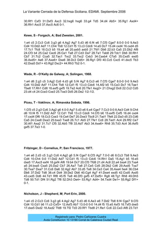 La Variante Cerrada de la Defensa Siciliana. EDAMI. Septiembre 2006
Registrado para: Pedro Cañizares Cuadra
Avda Constitucion 10 13190 Corral de Calatrava Ciudad Real
30.Rf1 Cxf3 31.Dxf3 Axc3 32.hxg6 hxg6 33.g4 Td5 34.d4 Ab5+ 35.Rg1 Axd4+
36.Rh1 Axc5 37.Axc5 Ac6 0-1.
Kewe, S - Forgach, A; Bad Zwesten, 2001.
1.e4 c5 2.Cc3 Cc6 3.g3 g6 4.Ag2 Ag7 5.d3 d6 6.f4 e6 7.Cf3 Cge7 8.0-0 0-0 9.Ae3
Cd4 10.Dd2 Ad7 11.Ch4 Tb8 12.Cd1 f5 13.c3 Cdc6 14.e5 Dc7 15.d4 cxd4 16.cxd4 d5
17.Tc1 Tfc8 18.Cc3 b5 19.a4 a6 20.axb5 axb5 21.Tfd1 Db6 22.b3 Ca5 23.Db2 Af8
24.Cf3 b4 25.Ca2 Cec6 26.Ce1 Ta8 27.Cd3 Da7 28.Ta1 Tab8 29.Tdc1 Db6 30.Rh1
Cb7 31.Tc2 Cca5 32.Tac1 Txc2 33.Txc2 Cxb3 34.Caxb4 C7a5 35.Cxd5 exd5
36.Axd5+ Ae6 37.Axe6+ Dxe6 38.Dc3 Dd5+ 39.Rg1 Df3 40.Cc5 Cxc5 41.dxc5 Tb3
42.Dxa5 Dd1+ 43.Rg2 Dxc2+ 44.Rh3 Tb2 0-1.
Wade, R - O’Kelly de Galway, A; Solingen, 1968.
1.e4 d6 2.g3 c5 3.Ag2 Cc6 4.d3 g6 5.f4 Ag7 6.Cc3 e6 7.Cf3 Cge7 8.0-0 0-0 9.Ae3
Cd4 10.Dd2 Ad7 11.Ch4 Tb8 12.Cd1 f5 13.c3 Cdc6 14.Af2 b5 15.Ce3 Dc7 16.Tae1
Tbe8 17.Rh1 Cd8 18.exf5 gxf5 19.Te2 Ac6 20.Tfe1 Axg2+ 21.Chxg2 Dc6 22.Cc2 Cd5
23.d4 c4 24.Cce3 Cxe3 25.Txe3 Dd5 26.De2 1/2-1/2.
Piceu, T - Vaklinov, A; Rimavska Sobota, 1996.
1.Cf3 c5 2.g3 Cc6 3.Ag2 g6 4.0-0 Ag7 5.d3 e6 6.e4 Cge7 7.Cc3 0-0 8.Ae3 Cd4 9.Ch4
d6 10.f4 f5 11.Dd2 Ad7 12.Cd1 Tb8 13.c3 Cdc6 14.Cf3 b6 15.exf5 Cxf5 16.d4 cxd4
17.cxd4 Df6 18.Cc3 Cxe3 19.Ce4 De7 20.Dxe3 Tbc8 21.Tad1 Tfe8 22.Da3 d5 23.Cd6
Ca5 24.Cxe8 Dxa3 25.bxa3 Txe8 26.Tc1 Ab5 27.Tfe1 Cc6 28.Ted1 Ac4 29.Rf2 Ce7
30.Af1 Axa2 31.Tc7 Cf5 32.Ab5 Tf8 33.Ad7 Ab3 34.Axe6+ Rh8 35.Td3 Ac4 36.Axf5
gxf5 37.Te3 1-0.
Fritzinger, D - Cornelius, P; San Francisco, 1977.
1.e4 e6 2.d3 c5 3.g3 Cc6 4.Ag2 g6 5.f4 Cge7 6.Cf3 Ag7 7.0-0 d6 8.Cc3 Tb8 9.Ae3
Cd4 10.Ch4 0-0 11.Dd2 Ad7 12.Cd1 f5 13.c3 Cdc6 14.Rh1 Da5 15.Ag1 b5 16.e5
dxe5 17.Axc5 exf4 18.gxf4 Af6 19.b4 Dc7 20.Cf3 Tfd8 21.d4 Ac8 22.a4 bxa4 23.Txa4
a5 24.bxa5 Cxa5 25.Da2 Cb7 26.Aa7 Ta8 27.Ce5 Cd5 28.Db2 Cd6 29.Axd5 Txa7
30.Txa7 Dxa7 31.Cc6 Da6 32.Ag2 Ab7 33.d5 Te8 34.Ce3 Ce4 35.Axe4 fxe4 36.Cb4
Db6 37.Dd2 Td8 38.c4 Dd4 39.De2 Db6 40.Cg4 Ag7 41.Dxe4 exd5 42.Cxd5 Axd5
43.cxd5 Dd6 44.Td1 Rf8 45.f5 Te8 46.Df3 gxf5 47.Dxf5+ Rg8 48.Tg1 Rh8 49.Dh5
Td8 50.Td1 Df4 51.Rg2 Tf8 52.Dh3 De4+ 53.Rg1 Ad4+ 54.Txd4 De1+ 55.Rg2 Df1+
0-1.
Nicholson, J - Shepherd, M; Port Erin, 2000.
1.e4 c5 2.Cc3 Cc6 3.g3 g6 4.Ag2 Ag7 5.d3 d6 6.Ae3 e6 7.Dd2 Tb8 8.f4 Cge7 9.Cf3
Cd4 10.Cd1 b6 11.c3 Cxf3+ 12.Axf3 Ab7 13.0-0 0-0 14.d4 f5 15.e5 Axf3 16.Txf3 dxe5
17.dxe5 Dxd2 18.Axd2 Tfd8 19.Tf2 Td3 20.Rf1 Tbd8 21.Re1 Cc6 22.Ce3 Af8 23.Td1
 