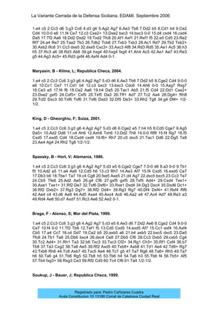 La Variante Cerrada de la Defensa Siciliana. EDAMI. Septiembre 2006
Registrado para: Pedro Cañizares Cuadra
Avda Constitucion 10 13190 Corral de Calatrava Ciudad Real
1.e4 c5 2.Cc3 d6 3.g3 Cc6 4.d3 g6 5.Ag2 Ag7 6.Ae3 Tb8 7.Dd2 b5 8.Cd1 b4 9.Ce2
Cd4 10.0-0 e6 11.f4 Ce7 12.c3 Cxe2+ 13.Dxe2 bxc3 14.bxc3 0-0 15.d4 cxd4 16.cxd4
Da5 17.Tf2 Aa6 18.Dd2 Dxd2 19.Txd2 Tfc8 20.Af1 Axf1 21.Rxf1 f5 22.e5 Cd5 23.Re2
Rf7 24.a4 Re7 25.Taa2 Tb3 26.Tdb2 Tcb8 27.Txb3 Txb3 28.Ac1 Rd7 29.Tb2 Txb2+
30.Axb2 Rc6 31.Cc3 dxe5 32.dxe5 Cxc3+ 33.Axc3 Af8 34.Rd3 Rd5 35.Ae1 Ac5 36.h3
h5 37.Rc3 a6 38.Rd3 Ab6 39.g4 hxg4 40.hxg4 fxg4 41.Ah4 Ac5 42.Ae1 Ae7 43.Re3
g5 44.Ag3 Ac5+ 45.Rd3 gxf4 46.Axf4 Ad4 0-1.
Maryasin, B - Klima, L; Republica Checa, 2004.
1.e4 c5 2.Cc3 Cc6 3.g3 g6 4.Ag2 Ag7 5.d3 d6 6.Ae3 Tb8 7.Dd2 b5 8.Cge2 Cd4 9.0-0
e6 10.Cc1 Ce7 11.Cd1 b4 12.c3 bxc3 13.bxc3 Cdc6 14.Ah6 0-0 15.Axg7 Rxg7
16.Ce3 e5 17.f4 f6 18.Ce2 Aa6 19.h4 Da5 20.Tac1 Ab5 21.f5 Cd4 22.Dd1 Cxe2+
23.Dxe2 gxf5 24.Cxf5+ Cxf5 25.Txf5 Da3 26.Tff1 Ad7 27.Tc2 Aa4 28.Dg4+ Rh8
29.Tcf2 Dxc3 30.Txf6 Txf6 31.Txf6 Dxd3 32.Df5 De3+ 33.Rh2 Tg8 34.g4 Df4+ 1/2-
1/2.
King, D - Gheorghiu, F; Suiza, 2001.
1.e4 c5 2.Cc3 Cc6 3.g3 g6 4.Ag2 Ag7 5.d3 d6 6.Cge2 e5 7.h4 h5 8.Cd5 Cge7 9.Ag5
Da5+ 10.Ad2 Dd8 11.c4 Ah6 12.Axh6 Txh6 13.Dd2 Th8 14.0-0 Rf8 15.f4 Rg7 16.f5
Cxd5 17.exd5 Cd4 18.Cxd4 cxd4 19.f6+ Rh7 20.c5 dxc5 21.Tac1 Dd6 22.Dg5 Te8
23.Ae4 Ag4 24.Rh2 Tg8 1/2-1/2.
Spassky, B - Hort, V; Alemania, 1986.
1.e4 c5 2.Cc3 Cc6 3.g3 g6 4.Ag2 Ag7 5.d3 e5 6.Cge2 Cge7 7.0-0 d6 8.a3 0-0 9.Tb1
f5 10.Ad2 a5 11.a4 Ae6 12.Cd5 h6 13.c3 Rh7 14.Ae3 Af7 15.f4 Cxd5 16.exd5 Ce7
17.Db3 b6 18.Tbe1 Ta7 19.c4 Cg8 20.fxe5 Axe5 21.d4 Ag7 22.dxc5 bxc5 23.Cc3 Te7
24.Cb5 Tfe8 25.Ad2 Ae5 26.g4 Cf6 27.gxf5 gxf5 28.Txf5 Ad4+ 29.Cxd4 Txe1+
30.Axe1 Txe1+ 31.Rf2 De7 32.Txf6 Dxf6+ 33.Rxe1 Dxd4 34.Dg3 Dxc4 35.Dxd6 Dc1+
36.Rf2 Dxb2+ 37.Rg3 Dg7+ 38.Rf2 Dd4+ 39.Rg3 Rg7 40.Df4 Dxf4+ 41.Rxf4 Rf6
42.Ae4 c4 43.d6 Ae8 44.Ad5 Axa4 45.Axc4 Ac6 46.Aa2 a4 47.Ac4 Ad7 48.Re3 a3
49.Rd4 Ae6 50.d7 Axd7 51.Rc3 Ae6 52.Ae2 0-1.
Braga, F - Alonso, S; Mar del Plata, 1999.
1.e4 c5 2.Cc3 Cc6 3.g3 g6 4.Ag2 Ag7 5.d3 e5 6.Ae3 d6 7.Dd2 Ae6 8.Cge2 Cd4 9.0-0
Ce7 10.f4 0-0 11.Tf2 Tb8 12.Taf1 f5 13.Cd5 Cxd5 14.exd5 Af7 15.Cc1 exf4 16.Axf4
Cb5 17.a4 Cc7 18.c4 Dd7 19.Ce2 b5 20.axb5 a6 21.b4 axb5 22.bxc5 dxc5 23.Da5
Tfc8 24.Tb1 Ta8 25.Db6 bxc4 26.dxc4 Ce8 27.Db5 Cf6 28.Cc3 Dxb5 29.cxb5 Cg4
30.Tc2 Ad4+ 31.Rh1 Ta3 32.b6 Txc3 33.Txc3 Cf2+ 34.Rg1 Ch3+ 35.Rf1 Cxf4 36.b7
Tb8 37.Ta3 Cxg2 38.Ta8 Ae5 39.Rf2 Axd5 40.Txb8+ Axb8 41.Td1 Ae4 42.Td8+ Rg7
43.Txb8 Rh6 44.Tc8 Axb7 45.Txc5 Ae4 46.Tc7 g5 47.Ta7 Rg6 48.Ta6+ Rh5 49.Ta7
h6 50.Ta6 g4 51.Tb6 Rg5 52.Tb8 h5 53.Tb6 h4 54.Ta6 h3 55.Tb6 f4 56.Tb5+ Af5
57.Tb4 fxg3+ 58.Rxg3 Ce3 59.Rf2 Cd5 60.Tc4 Cf6 61.Ta4 1/2-1/2.
Soukup, J - Bauer, J; Republica Checa, 1999.
 