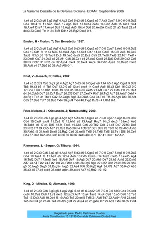 La Variante Cerrada de la Defensa Siciliana. EDAMI. Septiembre 2006
Registrado para: Pedro Cañizares Cuadra
Avda Constitucion 10 13190 Corral de Calatrava Ciudad Real
1.e4 c5 2.Cc3 g6 3.g3 Ag7 4.Ag2 Cc6 5.d3 d6 6.Cge2 e5 7.Ae3 Cge7 8.0-0 0-0 9.Dd2
Cd4 10.f4 f5 11.fxe5 dxe5 12.Ag5 Dc7 13.Cxd4 cxd4 14.Ce2 Ae6 15.Tac1 fxe4
16.Axe7 Dxe7 17.Axe4 Dc5 18.Ag2 Ad5 19.b4 Dc6 20.Axd5+ Dxd5 21.a3 Tac8 22.c4
dxc3 23.Cxc3 Txf1+ 24.Txf1 Dd4+ 25.Rg2 Dxc3 0-1.
Emden, H - Florian, T; San Benedetto, 1957.
1.e4 c5 2.Cc3 g6 3.g3 Ag7 4.Ag2 Cc6 5.d3 d6 6.Cge2 e5 7.0-0 Cge7 8.Ae3 0-0 9.Dd2
Cd4 10.Cd1 f5 11.f4 fxe4 12.dxe4 Ag4 13.Cc1 Dd7 14.c3 Cdc6 15.Cf2 Ae6 16.Ce2
Tad8 17.b3 b5 18.Tad1 Dc8 19.fxe5 dxe5 20.Dc2 Ca5 21.Txd8 Txd8 22.Td1 Txd1+
23.Dxd1 Cb7 24.Dd2 a5 25.Af1 Cc6 26.Cc1 b4 27.Aa6 Ccd8 28.Dd3 Dc6 29.Ce2 Cd6
30.h3 C8f7 31.Rh2 c4 32.Axc4 Cxc4 33.bxc4 Axc4 34.Dd2 Axe2 35.Dxe2 Dxc3
36.Ab6 a4 37.Db5 b3 38.Ac5 Af8 0-1.
Bhat, V - Rensch, D; Dallas, 2002.
1.e4 c5 2.Cc3 Cc6 3.g3 g6 4.Ag2 Ag7 5.d3 d6 6.Cge2 e6 7.h4 h5 8.Ag5 Cge7 9.Dd2
Tb8 10.a3 b5 11.Tb1 Dc7 12.0-0 a5 13.a4 bxa4 14.Cxa4 Aa6 15.b3 Cb4 16.Cb2 0-0
17.Cc4 Tfe8 18.Rh1 Tbd8 19.Cc3 d5 20.exd5 exd5 21.Af4 Da7 22.Cd6 Tf8 23.Tfe1
d4 24.Ccb5 Dd7 25.Cc7 Dxc7 26.Cf5 Dd7 27.Cxe7+ Rh7 28.Te2 Ab7 29.Axb7 Dxb7+
30.Rg1 Td7 31.Tbe1 Ca2 32.Cxg6 fxg6 33.Dxa5 Cc3 34.Te6 Tf5 35.Ag5 Df3 36.Af4
Cd5 37.Da8 Tdf7 38.Dc6 Txf4 39.gxf4 Txf4 40.Txg6 Dxf2+ 41.Rh1 0-1.
Fries Nielsen, J - Kristiansen, J; Norresundby, 2000.
1.e4 c5 2.Cc3 Cc6 3.g3 g6 4.Ag2 Ag7 5.d3 d6 6.Cge2 e6 7.0-0 Cge7 8.Ag5 0-0 9.Dd2
Cd4 10.Cxd4 cxd4 11.Ce2 f6 12.Ah6 e5 13.Axg7 Rxg7 14.c3 dxc3 15.bxc3 Ae6
16.Tab1 b6 17.c4 Dd7 18.f4 Tac8 19.Cc3 Cc6 20.Tb2 Cd4 21.a4 Dc7 22.h3 Dc5
23.Rh2 Tf7 24.Cb5 Ad7 25.Cc3 Da5 26.h4 Tcf8 27.Dc1 Dc5 28.Tbf2 h6 29.Ah3 Axh3
30.Rxh3 f5 31.fxe5 Dxe5 32.Rg2 Ce6 33.exf5 Txf5 34.Txf5 Txf5 35.Te1 Df6 36.Ce4
Dd4 37.De3 De5 38.Cxd6 Dxd6 39.Dxe6 Dxd3 40.De7+ Tf7 41.De5+ 1/2-1/2.
Riemersma, L - Serper, G; Tilburg, 1994.
1.e4 c5 2.Cc3 Cc6 3.g3 g6 4.Ag2 Ag7 5.d3 d6 6.Cge2 e6 7.0-0 Cge7 8.Ag5 0-0 9.Dd2
Cd4 10.Tae1 f6 11.Ae3 e5 12.f4 Ae6 13.Cd5 Cxe2+ 14.Txe2 Cxd5 15.exd5 Ag4
16.Tef2 Dd7 17.fxe5 fxe5 18.Ah6 De7 19.Ag5 Dd7 20.Ah6 De7 21.h3 Axh6 22.Dxh6
Ad7 23.h4 Txf2 24.Txf2 Tf8 25.Txf8+ Dxf8 26.Dg5 Rg7 27.Dd2 Dd8 28.c3 h6 29.Rh2
g5 30.hxg5 Dxg5 31.Dxg5+ hxg5 32.Ae4 Rf6 33.Rg2 Ag4 34.Rf2 Ad7 35.Re3 Ab5
36.a3 a5 37.b4 cxb4 38.cxb4 axb4 39.axb4 Ad7 40.Rd2 1/2-1/2.
King, D - Miralles, G; Alemania, 1999.
1.e4 c5 2.Cc3 Cc6 3.g3 g6 4.Ag2 Ag7 5.d3 d6 6.Cge2 Cf6 7.0-0 0-0 8.h3 Cd4 9.Cxd4
cxd4 10.Ce2 Db6 11.c3 dxc3 12.bxc3 Ad7 13.a4 Tac8 14.c4 Ce8 15.a5 Da6 16.Ta3
Tc5 17.Db3 Ac8 18.Db4 f5 19.Ae3 Tc7 20.exf5 Txf5 21.Ab6 Td7 22.Ad5+ Rh8 23.Ae6
Te5 24.Cf4 g5 25.d4 Te4 26.Af5 gxf4 27.Axe4 e6 28.gxf4 Tf7 29.Ad3 Txf4 30.c5 Txd4
 