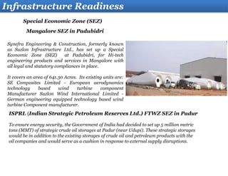 Infrastructure Readiness
Special Economic Zone (SEZ)
Synefra Engineering & Construction, formerly known
as Suzlon Infrastructure Ltd., has set up a Special
Economic Zone (SEZ) at Padubidri, for Hi-tech
engineering products and services in Mangalore with
all legal and statutory compliances in place.
It covers an area of 641.30 Acres. Its existing units are:
SE Composites Limited - European aerodynamics
technology based wind turbine component
Manufacturer Suzlon Wind International Limited -
German engineering equipped technology based wind
turbine Component manufacturer.
Mangalore SEZ in Padubidri
ISPRL (Indian Strategic Petroleum Reserves Ltd.) FTWZ SEZ in Padur
To ensure energy security, the Government of India had decided to set up 5 million metric
tons (MMT) of strategic crude oil storages at Padur (near Udupi). These strategic storages
would be in addition to the existing storages of crude oil and petroleum products with the
oil companies and would serve as a cushion in response to external supply disruptions.
 