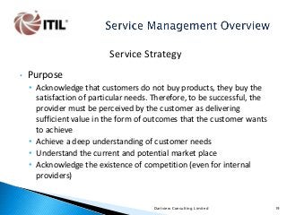 Service Strategy
•

Purpose
• Acknowledge that customers do not buy products, they buy the
satisfaction of particular needs. Therefore, to be successful, the
provider must be perceived by the customer as delivering
sufficient value in the form of outcomes that the customer wants
to achieve
• Achieve a deep understanding of customer needs
• Understand the current and potential market place
• Acknowledge the existence of competition (even for internal
providers)

Dartview Consulting Limited

19

 