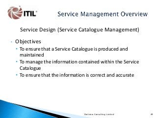 Service Design (Service Catalogue Management)
•

Objectives
• To ensure that a Service Catalogue is produced and
maintained
• To manage the information contained within the Service
Catalogue
• To ensure that the information is correct and accurate

Dartview Consulting Limited

49

 