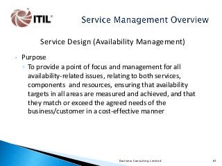 Service Design (Availability Management)
•

Purpose
◦ To provide a point of focus and management for all
availability-related issues, relating to both services,
components and resources, ensuring that availability
targets in all areas are measured and achieved, and that
they match or exceed the agreed needs of the
business/customer in a cost-effective manner

Dartview Consulting Limited

67

 