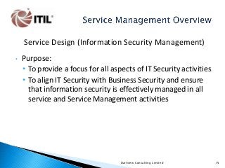 Service Design (Information Security Management)
•

Purpose:
• To provide a focus for all aspects of IT Security activities
• To align IT Security with Business Security and ensure
that information security is effectively managed in all
service and Service Management activities

Dartview Consulting Limited

75

 