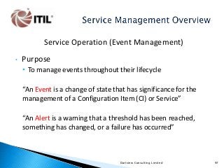 Service Operation (Event Management)
•

Purpose
• To manage events throughout their lifecycle
“An Event is a change of state that has significance for the
management of a Configuration Item (CI) or Service”
“An Alert is a warning that a threshold has been reached,
something has changed, or a failure has occurred”

Dartview Consulting Limited

97

 