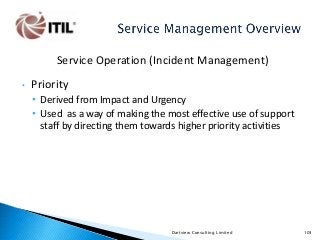 Service Operation (Incident Management)
•

Priority
• Derived from Impact and Urgency
• Used as a way of making the most effective use of support
staff by directing them towards higher priority activities

Dartview Consulting Limited

103

 