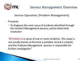 Service Operation (Problem Management)
•

Purpose
• To diagnose the root cause of Incidents identified through
the Incident Management process, and to determine
resolution
“A Problem is a cause of one or more Incidents. The cause is
not usually known at the time a problem record is created,
and the Problem Management process is responsible for
further investigation”

Dartview Consulting Limited

105

 