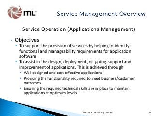 Service Operation (Applications Management)
•

Objectives
• To support the provision of services by helping to identify
functional and manageability requirements for application
software
• To assist in the design, deployment, on-going support and
improvement of applications. This is achieved through:
• Well designed and cost-effective applications
• Providing the functionality required to meet business/customer
outcomes
• Ensuring the required technical skills are in place to maintain
applications at optimum levels

Dartview Consulting Limited

119

 