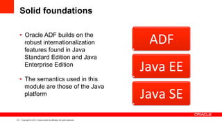 10 Copyright © 2013, Oracle and/or its affiliates. All rights reserved.
Solid foundations
•  Oracle ADF builds on the
robust internationalization
features found in Java
Standard Edition and Java
Enterprise Edition
•  The semantics used in this
module are those of the Java
platform
ADF	
  
Java	
  EE	
  
Java	
  SE	
  
 