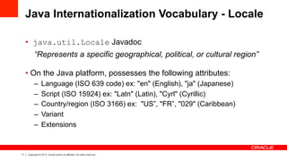 11 Copyright © 2013, Oracle and/or its affiliates. All rights reserved.
Java Internationalization Vocabulary - Locale
•  java.util.Locale Javadoc
“Represents a specific geographical, political, or cultural region”
• On the Java platform, possesses the following attributes:
–  Language (ISO 639 code) ex: "en" (English), "ja" (Japanese)
–  Script (ISO 15924) ex: "Latn" (Latin), "Cyrl" (Cyrillic)
–  Country/region (ISO 3166) ex: "US”, "FR”, "029" (Caribbean)
–  Variant
–  Extensions
 