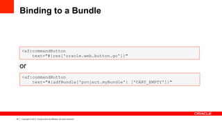 43 Copyright © 2013, Oracle and/or its affiliates. All rights reserved.
Binding to a Bundle
or
<af:commandButton
text="#{adfBundle['project.myBundle'] ['CART_EMPTY']}"
<af:commandButton
text="#{res['oracle.web.button.go']}"
 