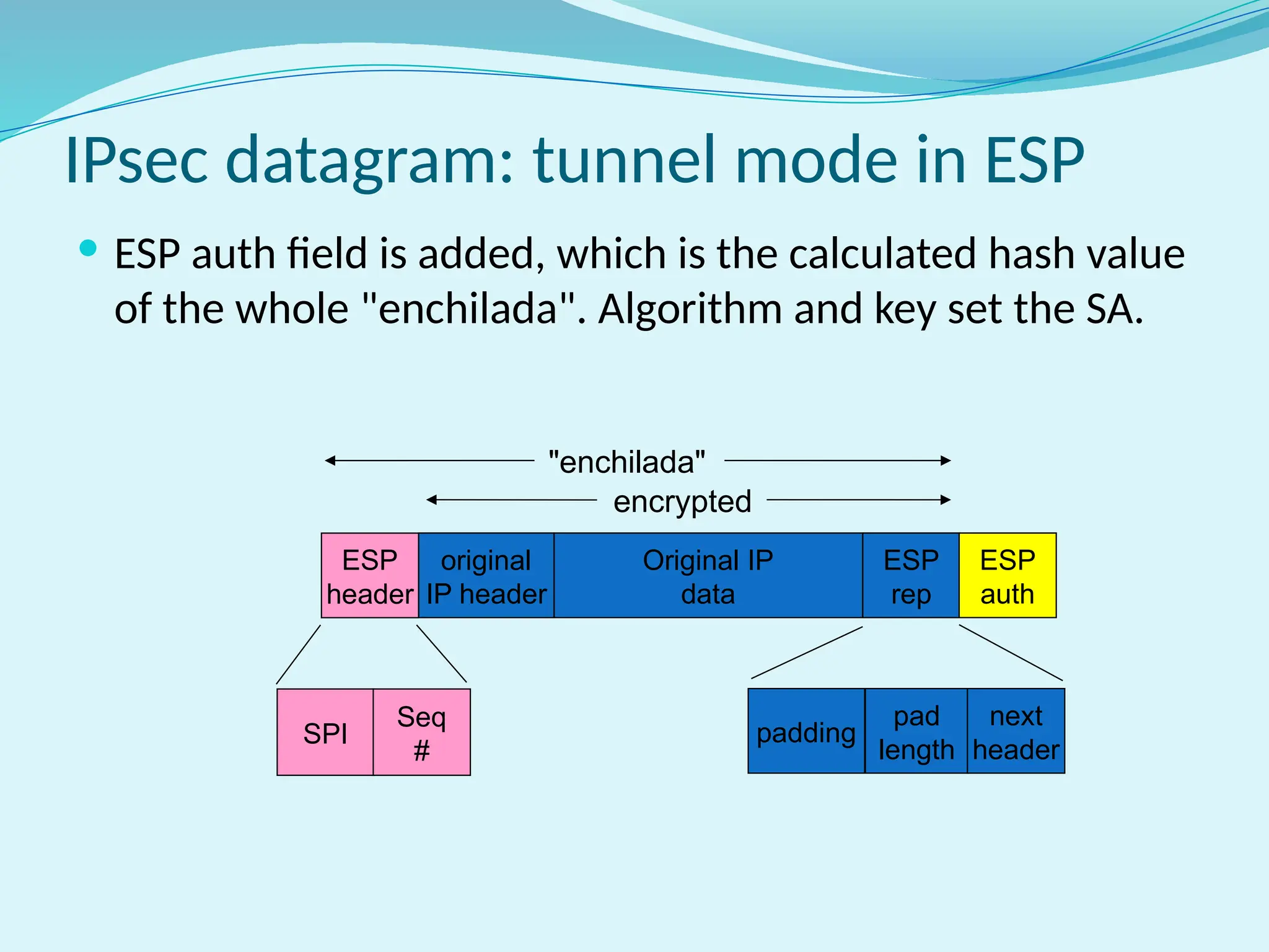  ESP auth field is added, which is the calculated hash value
of the whole "enchilada". Algorithm and key set the SA.
IPsec datagram: tunnel mode in ESP
Original IP
data
ESP
rep
encrypted
padding
pad
length
next
header
original
IP header
ESP
header
SPI
Seq
#
"enchilada"
ESP
auth
 
