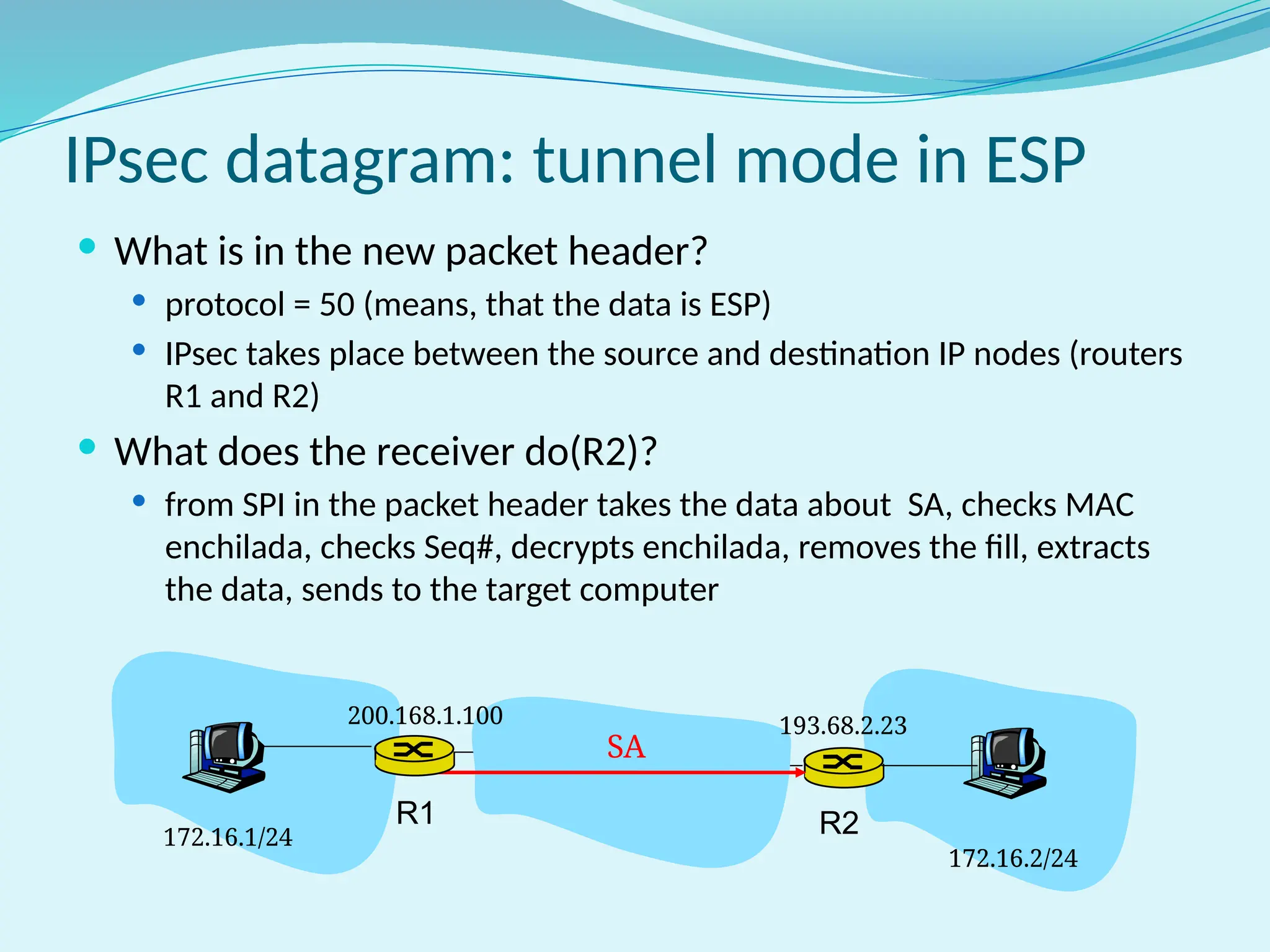  What is in the new packet header?
 protocol = 50 (means, that the data is ESP)
 IPsec takes place between the source and destination IP nodes (routers
R1 and R2)
 What does the receiver do(R2)?
 from SPI in the packet header takes the data about SA, checks MAC
enchilada, checks Seq#, decrypts enchilada, removes the fill, extracts
the data, sends to the target computer
IPsec datagram: tunnel mode in ESP
193.68.2.23
200.168.1.100
172.16.1/24
172.16.2/24
SA
R1 R2
 