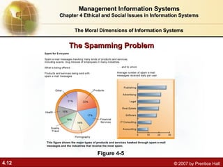 4.12 © 2007 by Prentice Hall
The Moral Dimensions of Information Systems
Management Information Systems
Management Information Systems
Chapter 4 Ethical and Social Issues in Information Systems
Chapter 4 Ethical and Social Issues in Information Systems
The Spamming Problem
The Spamming Problem
Figure 4-5
This figure shows the major types of products and services hawked through spam e-mail
messages and the industries that receive the most spam.
 