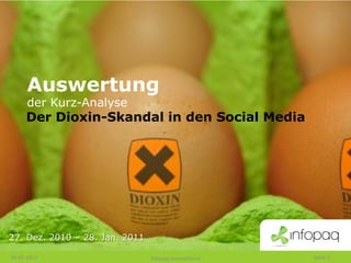 Auswertung
      der Kurz-Analyse
     Der Dioxin-Skandal in den Social Media




27. Dez. 2010 – 28. Jan. 2011

28-01-2011                      Infopaq Deutschland   Seite 1
 