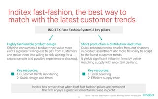 Inditex fast-fashion, the best way to
match with the latest customer trends
                             INDITEX Fast Fashion System 2 key pillars


Highly fashionable product design                          Short production & distribution lead times
Offering consumers a product they value more               Quick responsiveness enables frequent changes
elicits a greater willingness to pay from customers        in product assortment and more flexibility to adapt
and make them less willing to risk waiting for a           to the latest customer trends.
clearance sale and possibly experience a stockout.         It yields significant value for firms by better
                                                           matching supply with uncertain demand.

       Key resources:                                            Key resources:
       1. Customer trends monitoring                             1. Local sourcing
       2. Quick design lead times                                2. Efficient supply chain

                 Inditex has proven that when both fast fashion pillars are combined
                         the firm enjoys a great incremental increase in profit
                                                              Source : The Value of Fast Fashion, G. Cachon, R. Swinney, Stanford University, 2011
                                                      34
 