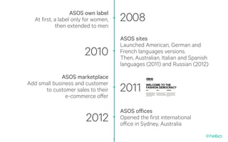 ASOS own label
   At first, a label only for women,       2008
              then extended to men

                                           ASOS sites
                                           Launched American, German and
                         2010              French languages versions.
                                           Then, Australian, Italian and Spanish
                                           languages (2011) and Russian (2012)
              ASOS marketplace
Add small business and customer
      to customer sales to their           2011
               e-commerce offer

                                           ASOS offices
                          2012             Opened the first international
                                           office in Sydney, Australia

                                       6
 