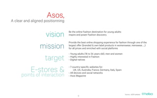 Asos,
A clear and aligned positionning


                vision             Be the online Fashion destination for young adults:
                                   inspire and power Fashion discovery



              mission
                                   Provide the best online shopping experience for fashion through one of the
                                   largest offer (branded & own label products in womenswear, menswear, …)
                                   for all prices and enriched with social platforms

                                   - Young adults (16 to 34 years old), men and women

               target              - Highly interested in Fashion
                                   - Digital natives



           E-stores &              - 7 country-specific websites for:
                                   	 UK, US, Australia, France, Germany, Italy, Spain
                                   - All devices and social networks
      points of interaction        - Asos Magazine




                                                                                         Source : ASOS website
                                           8
 