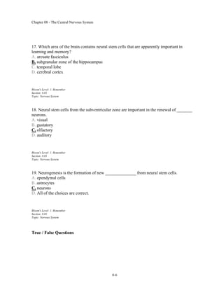 Chapter 08 - The Central Nervous System
8-6
17. Which area of the brain contains neural stem cells that are apparently important in
learning and memory?
A. arcuate fasciculus
B. subgranular zone of the hippocampus
C. temporal lobe
D. cerebral cortex
Bloom's Level: 1. Remember
Section: 8.01
Topic: Nervous System
18. Neural stem cells from the subventricular zone are important in the renewal of _______
neurons.
A. visual
B. gustatory
C. olfactory
D. auditory
Bloom's Level: 1. Remember
Section: 8.01
Topic: Nervous System
19. Neurogenesis is the formation of new ______________ from neural stem cells.
A. ependymal cells
B. astrocytes
C. neurons
D. All of the choices are correct.
Bloom's Level: 1. Remember
Section: 8.01
Topic: Nervous System
True / False Questions
 