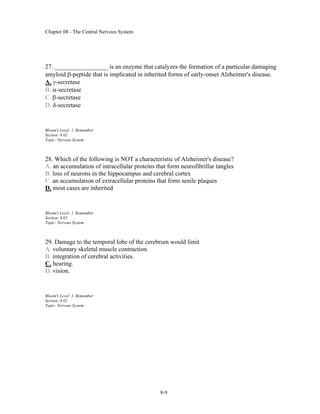 Chapter 08 - The Central Nervous System
8-9
27. _________________ is an enzyme that catalyzes the formation of a particular damaging
amyloid -peptide that is implicated in inherited forms of early-onset Alzheimer's disease.
A. -secretase
B. -secretase
C. -secretase
D. -secretase
Bloom's Level: 1. Remember
Section: 8.02
Topic: Nervous System
28. Which of the following is NOT a characteristic of Alzheimer's disease?
A. an accumulation of intracellular proteins that form neurofibrillar tangles
B. loss of neurons in the hippocampus and cerebral cortex
C. an accumulation of extracellular proteins that form senile plaques
D. most cases are inherited
Bloom's Level: 1. Remember
Section: 8.02
Topic: Nervous System
29. Damage to the temporal lobe of the cerebrum would limit
A. voluntary skeletal muscle contraction.
B. integration of cerebral activities.
C. hearing.
D. vision.
Bloom's Level: 1. Remember
Section: 8.02
Topic: Nervous System
 