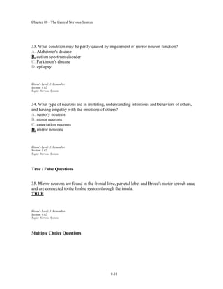 Chapter 08 - The Central Nervous System
8-11
33. What condition may be partly caused by impairment of mirror neuron function?
A. Alzheimer's disease
B. autism spectrum disorder
C. Parkinson's disease
D. epilepsy
Bloom's Level: 1. Remember
Section: 8.02
Topic: Nervous System
34. What type of neurons aid in imitating, understanding intentions and behaviors of others,
and having empathy with the emotions of others?
A. sensory neurons
B. motor neurons
C. association neurons
D. mirror neurons
Bloom's Level: 1. Remember
Section: 8.02
Topic: Nervous System
True / False Questions
35. Mirror neurons are found in the frontal lobe, parietal lobe, and Broca's motor speech area;
and are connected to the limbic system through the insula.
TRUE
Bloom's Level: 1. Remember
Section: 8.02
Topic: Nervous System
Multiple Choice Questions
 