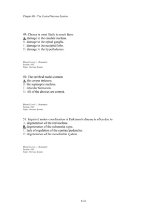 Chapter 08 - The Central Nervous System
8-16
49. Chorea is most likely to result from
A. damage to the caudate nucleus.
B. damage to the spinal ganglia.
C. damage to the occipital lobe.
D. damage to the hypothalamus.
Bloom's Level: 1. Remember
Section: 8.02
Topic: Nervous System
50. The cerebral nuclei contain
A. the corpus striatum.
B. the supraoptic nucleus.
C. reticular formation.
D. All of the choices are correct.
Bloom's Level: 1. Remember
Section: 8.02
Topic: Nervous System
51. Impaired motor coordination in Parkinson's disease is often due to
A. degeneration of the red nucleus.
B. degeneration of the substantia nigra.
C. lack of regulation of the cerebral peduncles.
D. degeneration of the mesolimbic system.
Bloom's Level: 1. Remember
Section: 8.02
Topic: Nervous System
 