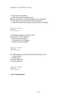 Chapter 08 - The Central Nervous System
8-19
58. Individuals with aphasia
A. often have damage to spinal nerves.
B. may not be able to write if the angular gyrus is damaged.
C. often speak slowly if Wernicke's area is damaged.
D. often form nonsensical sentences if Broca's area is damaged.
Bloom's Level: 1. Remember
Section: 8.02
Topic: Nervous System
59. Permanent aphasias often occur when
A. Wernicke's area is damaged.
B. Broca's area is damaged.
C. the angular gyrus is damaged.
D. spinal nerves are damaged.
Bloom's Level: 1. Remember
Section: 8.02
Topic: Nervous System
60. What structure connects Wernicke's area to Broca's area?
A. corpus striatum
B. angular gyrus
C. arcuate fasciculus
D. corpus callosum
Bloom's Level: 1. Remember
Section: 8.02
Topic: Nervous System
True / False Questions
 