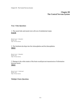 Chapter 08 - The Central Nervous System
8-1
Chapter 08
The Central Nervous System
True / False Questions
1. The neural tube and neural crest cells are of endodermal origin.
FALSE
Bloom's Level: 1. Remember
Section: 8.01
Topic: Nervous System
2. The forebrain develops into the telencephalon and the diencephalon.
TRUE
Bloom's Level: 1. Remember
Section: 8.01
Topic: Nervous System
3. Damage to the white matter of the brain would prevent transmission of information
between nuclei.
TRUE
Bloom's Level: 2. Understand
Section: 8.01
Topic: Nervous System
Multiple Choice Questions
 