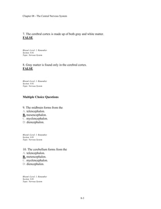 Chapter 08 - The Central Nervous System
8-3
7. The cerebral cortex is made up of both gray and white matter.
FALSE
Bloom's Level: 1. Remember
Section: 8.01
Topic: Nervous System
8. Gray matter is found only in the cerebral cortex.
FALSE
Bloom's Level: 1. Remember
Section: 8.01
Topic: Nervous System
Multiple Choice Questions
9. The midbrain forms from the
A. telencephalon.
B. mesencephalon.
C. myelencephalon.
D. diencephalon.
Bloom's Level: 1. Remember
Section: 8.01
Topic: Nervous System
10. The cerebellum forms from the
A. telencephalon.
B. metencephalon.
C. myelencephalon.
D. diencephalon.
Bloom's Level: 1. Remember
Section: 8.01
Topic: Nervous System
 