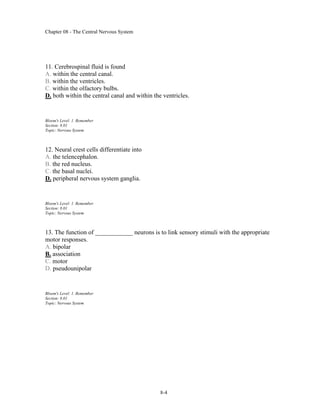 Chapter 08 - The Central Nervous System
8-4
11. Cerebrospinal fluid is found
A. within the central canal.
B. within the ventricles.
C. within the olfactory bulbs.
D. both within the central canal and within the ventricles.
Bloom's Level: 1. Remember
Section: 8.01
Topic: Nervous System
12. Neural crest cells differentiate into
A. the telencephalon.
B. the red nucleus.
C. the basal nuclei.
D. peripheral nervous system ganglia.
Bloom's Level: 1. Remember
Section: 8.01
Topic: Nervous System
13. The function of ____________ neurons is to link sensory stimuli with the appropriate
motor responses.
A. bipolar
B. association
C. motor
D. pseudounipolar
Bloom's Level: 1. Remember
Section: 8.01
Topic: Nervous System
 