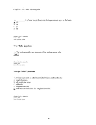 Chapter 08 - The Central Nervous System
8-5
14. _________% of total blood flow to the body per minute goes to the brain.
A. 15
B. 20
C. 25
D. 30
Bloom's Level: 1. Remember
Section: 8.01
Topic: Nervous System
True / False Questions
15. The brain ventricles are remnants of the hollow neural tube.
TRUE
Bloom's Level: 1. Remember
Section: 8.01
Topic: Nervous System
Multiple Choice Questions
16. Neural stem cells in adult mammalian brains are found in the
A. cerebral cortex.
B. subventricular zone.
C. midbrain.
D. subgranular zone.
E. both the subventricular and subgranular zones.
Bloom's Level: 1. Remember
Section: 8.01
Topic: Nervous System
 