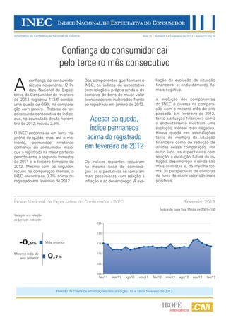 INEC                       ÍNDICE NACIONAL DE EXPECTATIVA DO CONSUMIDOR

Informativo da Confederação Nacional da Indústria                                        Ano 15 Número 2 Fevereiro de 2013 www.cni.org.br




                                  Confiança do consumidor cai
                                 pelo terceiro mês consecutivo

A
         confiança do consumidor                    Dos componentes que formam o                 liação da evolução da situação
         recuou novamente. O Ín-                    INEC, os índices de expectativa              financeira e endividamento foi
         dice Nacional de Expec-                    com relação a própria renda e de             mais negativa.
tativa do Consumidor de fevereiro                   compras de bens de maior valor
de 2013 registrou 113,6 pontos,                     permaneceram inalterados frente              A evolução dos componentes
uma queda de 0,9% na compara-                       ao registrado em janeiro de 2013.            do INEC é diversa na compara-
ção com janeiro. Trata-se da ter-                                                                ção com o mesmo mês do ano
ceira queda consecutiva do índice,                                                               passado. Em fevereiro de 2012,
que, no acumulado desde novem-
bro de 2012, recuou 2,9%.
                                                      Apesar da queda,                           tanto a situação financeira como
                                                                                                 o endividamento mostram uma
                                                      índice permanece                           evolução mensal mais negativa.
                                                                                                 Houve queda nas assinalações
O INEC encontra-se em lenta tra-
jetória de queda, mas, até o mo-                     acima do registrado                         tanto de melhora da situação
mento, permanece revelando                                                                       financeira como de redução de
confiança do consumidor maior                       em fevereiro de 2012                         dívidas nessa comparação. Por
que a registrada na maior parte do                                                               outro lado, as expectativas com
período entre o segundo trimestre                                                                relação a evolução futura da in-
de 2011 e o terceiro trimestre de                   Os índices restantes recuaram                flação, desemprego e renda são
2012. Mesmo com os seguidos                         na mesma base de compara-                    mais otimistas e, da mesma for-
recuos na comparação mensal, o                      ção: as expectativas se tornaram             ma, as perspectivas de compras
INEC encontra-se 0,7% acima do                      mais pessimistas com relação à               de bens de maior valor são mais
registrado em fevereiro de 2012.                    inflação e ao desemprego. A ava-             positivas.




Índice Nacional de Expectativa do Consumidor - INEC                                                                  Fevereiro 2013
                                                                                                     Índice de base fixa. Média de 2001=100
Variação em relação
ao período indicado
                                                          125


                                                          120


   -0,9%               Mês anterior                       115


Mesmo mês do                                              110
  ano anterior           0,7%
                                                          105


                                                          100
                                                            fev/11   mai/11   ago/11   nov/11   fev/12   mai/12   ago/12   nov/12    fev/13



                               Período da coleta de informações dessa edição: 15 a 18 de fevereiro de 2013.
 