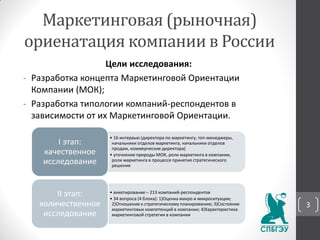 Маркетинговая (рыночная)
ориенатация компании в России
Цели исследования:
- Разработка концепта Маркетинговой Ориентации
Компании (МОК);
- Разработка типологии компаний-респондентов в
зависимости от их Маркетинговой Ориентации.
• 16 интервью (директора по маркетингу, топ-менеджеры,
начальники отделов маркетинга, начальники отделов
продаж, коммерческие директора)
• уточнение природы МОК, роли маркетинга в компании,
роли маркетинга в процессе принятия стратегического
решения
I этап:
качественное
исследование
• анкетирование – 213 компаний-респондентов
• 34 вопроса (4 блока): 1)Оценка макро и микроситуации;
2)Отношение к стратегическому планированию; 3)Состояние
маркетинговых компетенций в компании; 4)Характеристика
маркетинговой стратегии в компании
II этап:
количественное
исследование
3
 