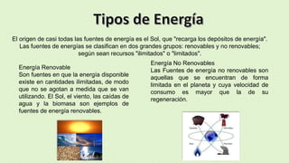 El origen de casi todas las fuentes de energía es el Sol, que "recarga los depósitos de energía".
Las fuentes de energías se clasifican en dos grandes grupos: renovables y no renovables;
según sean recursos "ilimitados" o "limitados".
Energía Renovable
Son fuentes en que la energía disponible
existe en cantidades ilimitadas, de modo
que no se agotan a medida que se van
utilizando. El Sol, el viento, las caídas de
agua y la biomasa son ejemplos de
fuentes de energía renovables.
Energía No Renovables
Las Fuentes de energía no renovables son
aquellas que se encuentran de forma
limitada en el planeta y cuya velocidad de
consumo es mayor que la de su
regeneración.
 