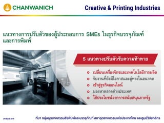 29 March 2019
Creative & Printing Industries
ที่มา กลุ่มอุตสาหกรรมสิ่งพิมพ์และบรรจุภัณฑ์ สภาอุตสาหกรรมแห่งประเทศไทย และศูนย์วิจัยกสิกร
 