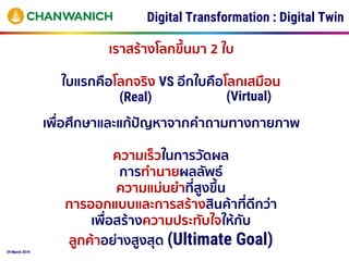 29 March 2019
เพื่อศึกษาและแก้ปัญหาจากคาถามทางกายภาพ
ความเร็วในการวัดผล
การทานายผลลัพธ์
ความแม่นยาที่สูงขึ้น
การออกแบบและการสร้างสินค้าที่ดีกว่า
เพื่อสร้างความประทับใจให้กับ
ลูกค้าอย่างสูงสุด (Ultimate Goal)
(Real) (Virtual)
เราสร้างโลกขึ้นมา 2 ใบ
ใบแรกคือโลกจริง VS อีกใบคือโลกเสมือน
Digital Transformation : Digital Twin
 