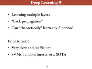Deep Learning ??
17
• Learning multiple layers
• “Back propagation”
• Can “theoretically” learn any function!
Prior to 200...
