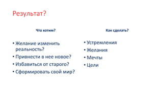 Результат?
Что хотим?
• Желание изменить
реальность?
• Привнести в нее новое?
• Избавиться от старого?
• Сформировать свой мир?
Как сделать?
• Устремления
• Желания
• Мечты
• Цели
 