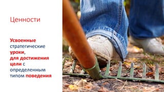 Ценности
Усвоенные
стратегические
уроки,
для достижения
цели с
определенным
типом поведения
 