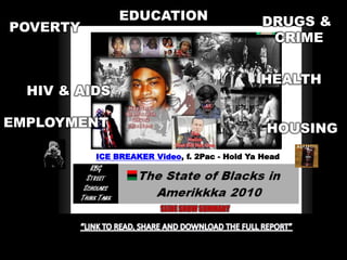 EDUCATION                       DRUGS &
POVERTY
                                                CRIME


                                              HEALTH
  HIV & AIDS

EMPLOYMENT                                      HOUSING
          ICE BREAKER Video, f. 2Pac - Hold Ya Head




                        SLIDE SHOW SUMMARY
 
