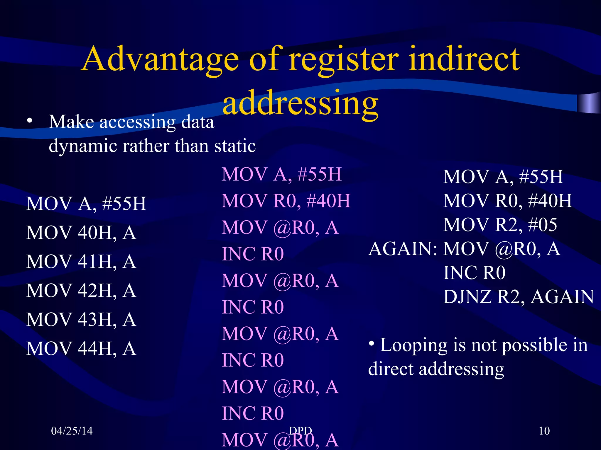 04/25/14 DPD 10
Advantage of register indirect
addressing• Make accessing data
dynamic rather than static
MOV A, #55H
MOV 40H, A
MOV 41H, A
MOV 42H, A
MOV 43H, A
MOV 44H, A
MOV A, #55H
MOV R0, #40H
MOV @R0, A
INC R0
MOV @R0, A
INC R0
MOV @R0, A
INC R0
MOV @R0, A
INC R0
MOV @R0, A
MOV A, #55H
MOV R0, #40H
MOV R2, #05
AGAIN: MOV @R0, A
INC R0
DJNZ R2, AGAIN
• Looping is not possible in
direct addressing
 