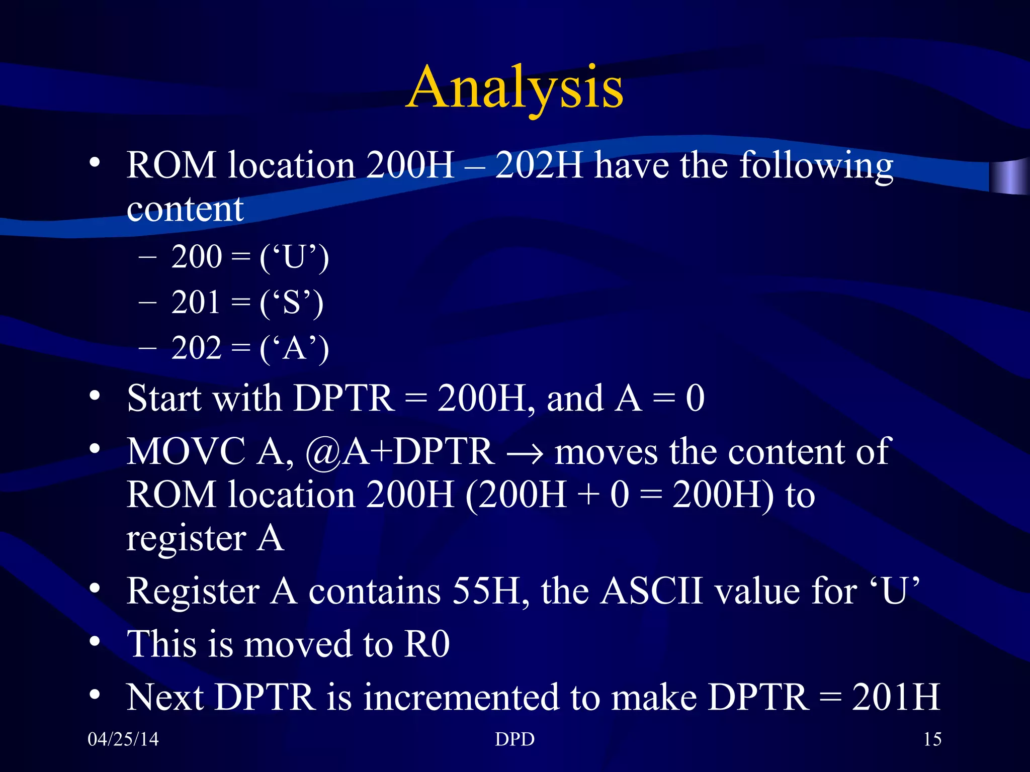 04/25/14 DPD 15
Analysis
• ROM location 200H – 202H have the following
content
– 200 = (‘U’)
– 201 = (‘S’)
– 202 = (‘A’)
• Start with DPTR = 200H, and A = 0
• MOVC A, @A+DPTR → moves the content of
ROM location 200H (200H + 0 = 200H) to
register A
• Register A contains 55H, the ASCII value for ‘U’
• This is moved to R0
• Next DPTR is incremented to make DPTR = 201H
 