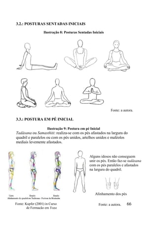 66
3.2.: POSTURAS SENTADAS INICIAIS
Ilustração 8: Posturas Sentadas Iniciais
3.3.: POSTURA EM PÉ INICIAL
Ilustração 9: Postura em pé Inicial
Tadásana ou Samasthiti: realiza-se com os pés afastados na largura do
quadril e paralelos ou com os pés unidos, artelhos unidos e maléolos
mediais levemente afastados.
Fonte: a autora.
Alguns idosos não conseguem
unir os pés. Então faz-se tadásana
com os pés paralelos e afastados
na largura do quadril.
Fonte: a autora.
Alinhamento dos pés
Fonte: Kupfer (2001) in Curso
de Formação em Yoga
 