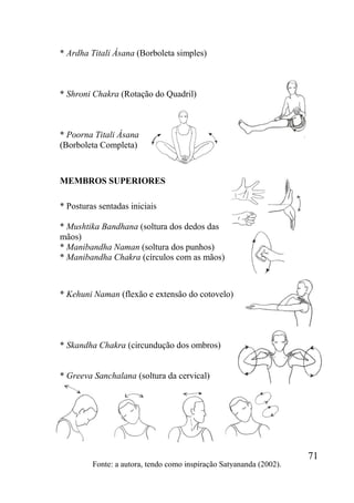71
* Ardha Titali Ásana (Borboleta simples)
* Shroni Chakra (Rotação do Quadril)
* Poorna Titali Ásana
(Borboleta Completa)
MEMBROS SUPERIORES
* Posturas sentadas iniciais
* Mushtika Bandhana (soltura dos dedos das
mãos)
* Manibandha Naman (soltura dos punhos)
* Manibandha Chakra (círculos com as mãos)
* Kehuni Naman (flexão e extensão do cotovelo)
* Skandha Chakra (circundução dos ombros)
* Greeva Sanchalana (soltura da cervical)
Fonte: a autora, tendo como inspiração Satyananda (2002).
 