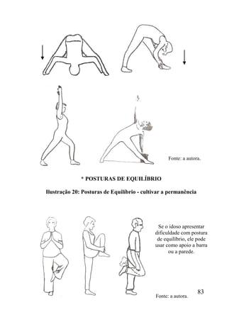 83
* POSTURAS DE EQUILÍBRIO
Ilustração 20: Posturas de Equilíbrio - cultivar a permanência
Fonte: a autora.
Fonte: a autora.
Se o idoso apresentar
dificuldade com postura
de equilíbrio, ele pode
usar como apoio a barra
ou a parede.
 