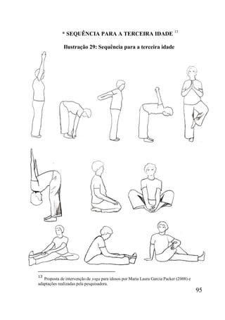95
* SEQUÊNCIA PARA A TERCEIRA IDADE 13
Ilustração 29: Sequência para a terceira idade
13
Proposta de intervenção de yoga para idosos por Maria Laura Garcia Packer (2008) e
adaptações realizadas pela pesquisadora.
 