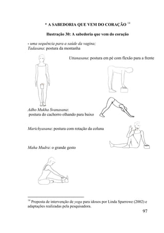 97
* A SABEDORIA QUE VEM DO CORAÇÃO 14
Ilustração 30: A sabedoria que vem do coração
- uma sequência para a saúde da vagina;
Tadasana: postura da montanha
Adho Mukha Svanasana:
postura do cachorro olhando para baixo
Marichyasana: postura com rotação da coluna
Maha Mudra: o grande gesto
14
Proposta de intervenção de yoga para idosos por Linda Sparrowe (2002) e
adaptações realizadas pela pesquisadora.
Uttanasana: postura em pé com flexão para a frente
 