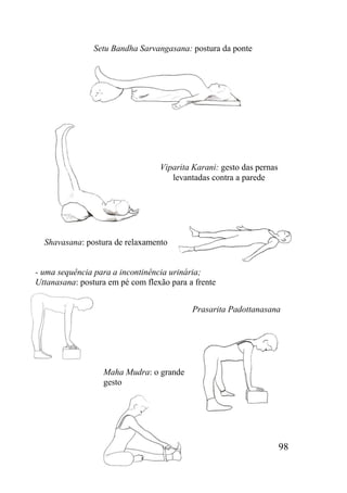 98
- uma sequência para a incontinência urinária;
Uttanasana: postura em pé com flexão para a frente
Maha Mudra: o grande
gesto
Shavasana: postura de relaxamento
Viparita Karani: gesto das pernas
levantadas contra a parede
Setu Bandha Sarvangasana: postura da ponte
Prasarita Padottanasana
 